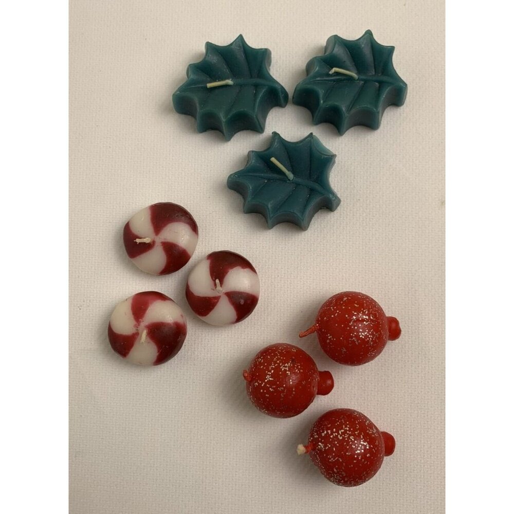 Christmas-Themed Floating Candle Set of 9: Holly Leaves Peppermints Ornaments